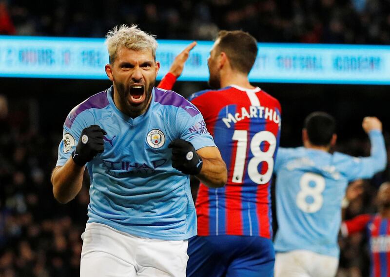 Soccer Football - Premier League - Manchester City v Crystal Palace - Etihad Stadium, Manchester, Britain - January 18, 2020   Manchester City's Sergio Aguero celebrates scoring their second goal     REUTERS/Phil Noble    EDITORIAL USE ONLY. No use with unauthorized audio, video, data, fixture lists, club/league logos or "live" services. Online in-match use limited to 75 images, no video emulation. No use in betting, games or single club/league/player publications.  Please contact your account representative for further details.