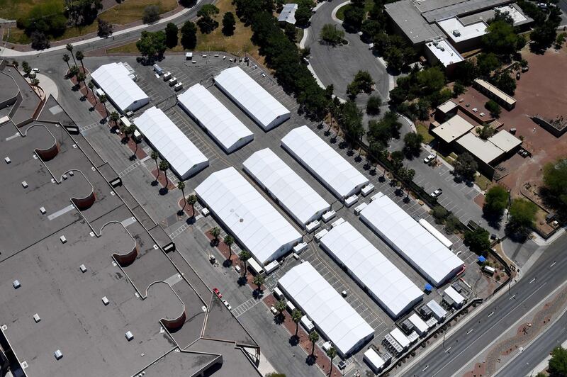 An aerial view shows tents at the joint Clark County-City of Las Vegas ISO-Q (Isolation and Quarantine) Complex for the homeless that was constructed in the parking lot at Cashman Center. AFP