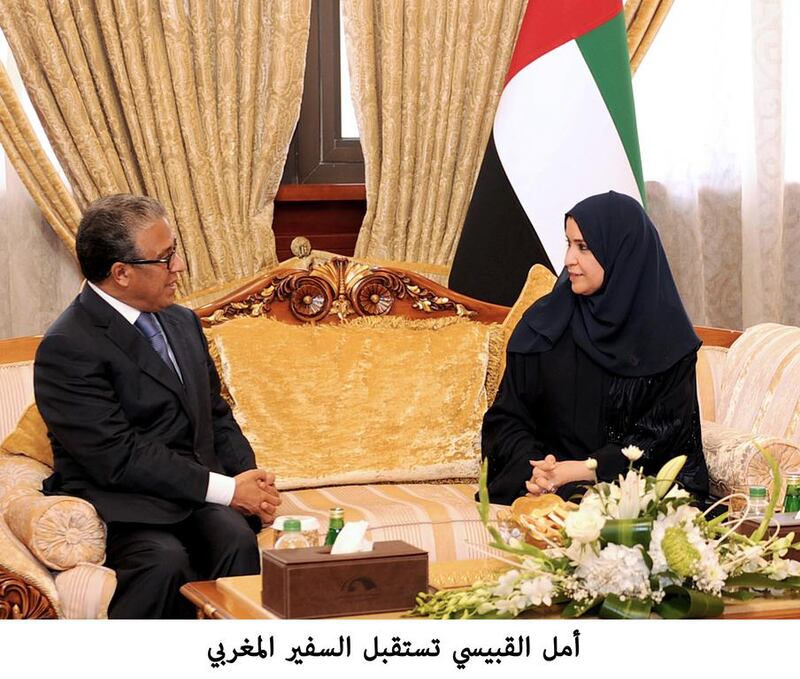 Dr Amal Al Qubaisi, Speaker of the FNC, in discussion with Moroccan ambassador Mohamed Ait Ouali on Sunday. Wam