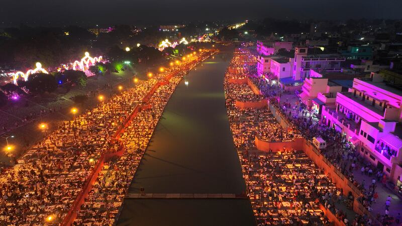 Lamps light up the banks of the river Saryu in Ayodhya, India on Saturday. AP