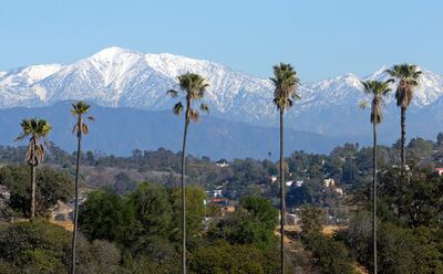 The snow-capped San Gabriel Mountains, with Mount Baldy, the highest peak, on the left. AP 