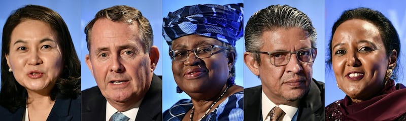 (COMBO) This combination of pictures created on September 18, 2020 shows the five candidates still in the running to take the helm of the World Trade Organization during press conferences between July 15 and 17, 2020 in Geneva, (From L) South Korean Yoo Myung-hee, Britain's Liam Fox, Nigerian Ngozi Okonjo-Iweala, Saudi Mohammed al-Tuwaijri, and Kenya's Amina Mohamed.  / AFP / Fabrice COFFRINI
