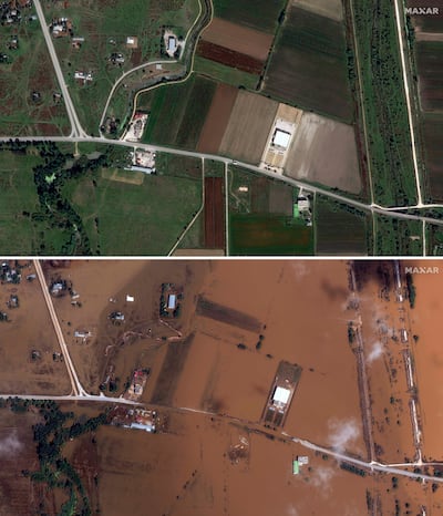 Satellite images of the village of Palamas in the central region of Thessaly before and after flooding. AP