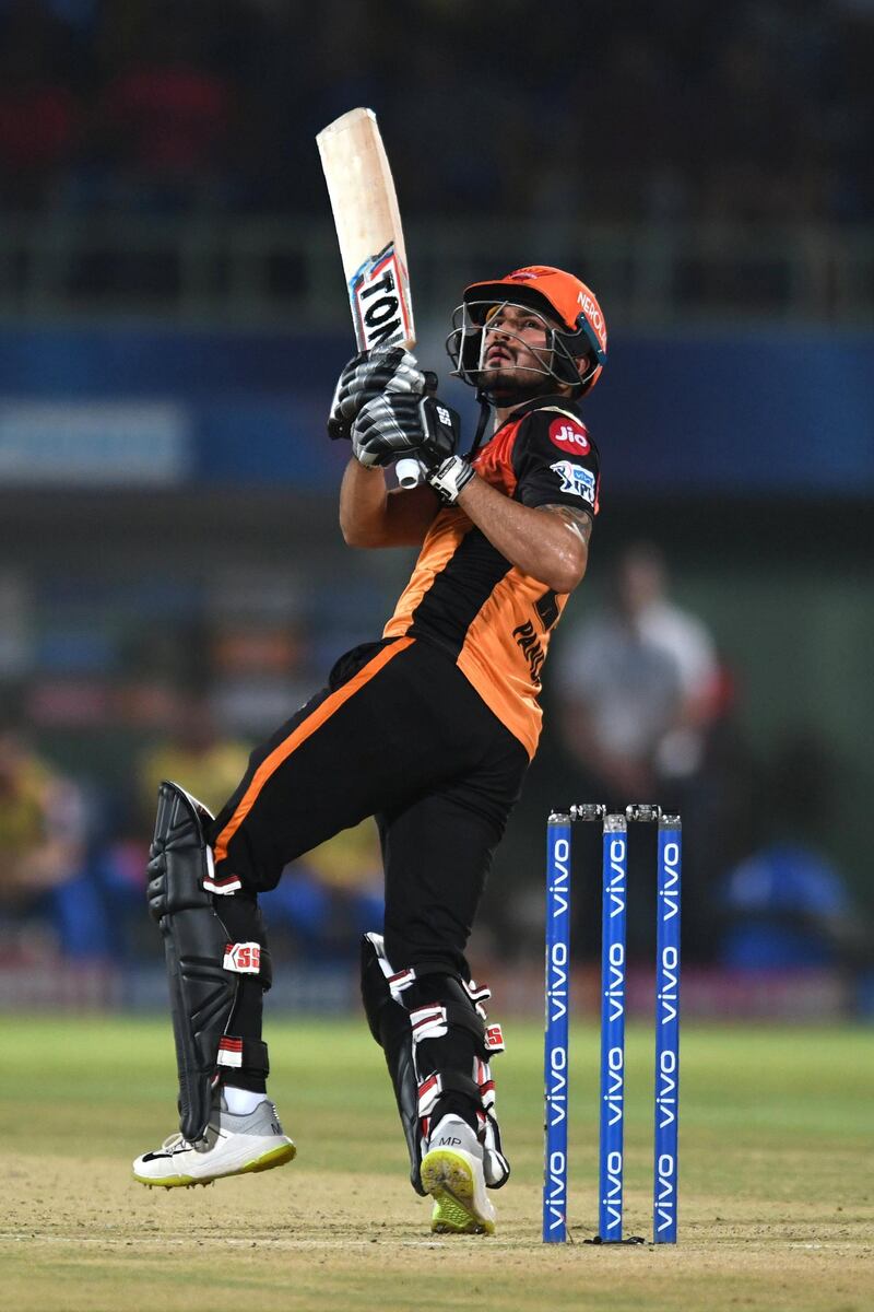 Sunrisers Hyderabad cricketer Manish Pandey plays a shot during the 2019 Indian Premier League (IPL) eliminator Twenty20 cricket match between Sunrisers Hyderabad and Delhi Capitals at the Dr. Y.S. Rajasekhara Reddy ACA-VDCA Cricket Stadium in Visakhapatnam on May 8, 2019. (Photo by NOAH SEELAM / AFP) / ----IMAGE RESTRICTED TO EDITORIAL USE - STRICTLY NO COMMERCIAL USE-----