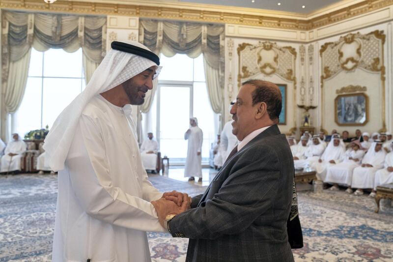 ABU DHABI, UNITED ARAB EMIRATES - July 15, 2019: HH Sheikh Mohamed bin Zayed Al Nahyan, Crown Prince of Abu Dhabi and Deputy Supreme Commander of the UAE Armed Forces (L), receives Sultan Al Burkani, Speaker of the Yemeni Parliament (R), during a Sea Palace barza. 

( Mohamed Al Hammadi / Ministry of Presidential Affairs )
---