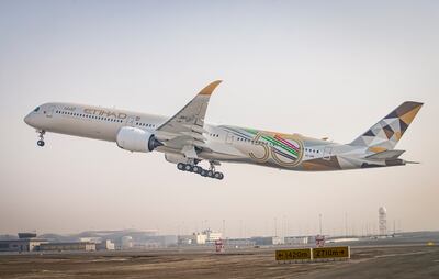 Etihad’s ‘Sustainable50’ Airbus A350 taking off from Abu Dhabi. Photo: Etihad
