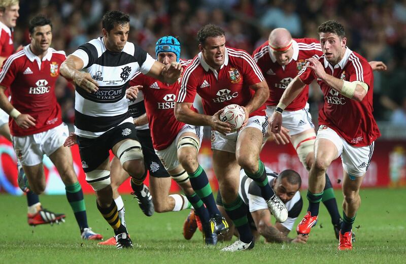 HONG KONG - JUNE 01:  Jamie Roberts of the Lions charges upfield during the match between the British & Irish Lions and the Barbarians at Hong Kong Stadium on June 1, 2013,  Hong Kong.  (Photo by David Rogers/Getty Images) *** Local Caption ***  169767599.jpg