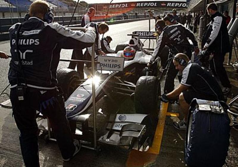 Rubens Barrichello makes a stop at the pit-lane during the Formula One pre-season test session at Jerez.