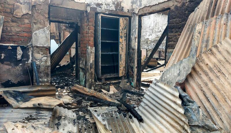 Damage after a fire at Manipur minister Nemcha Kipgen's home in Imphal on Wednesday. The next day, Rajkumar Ranjan Singh’s home in Imphal was also torched. AFP