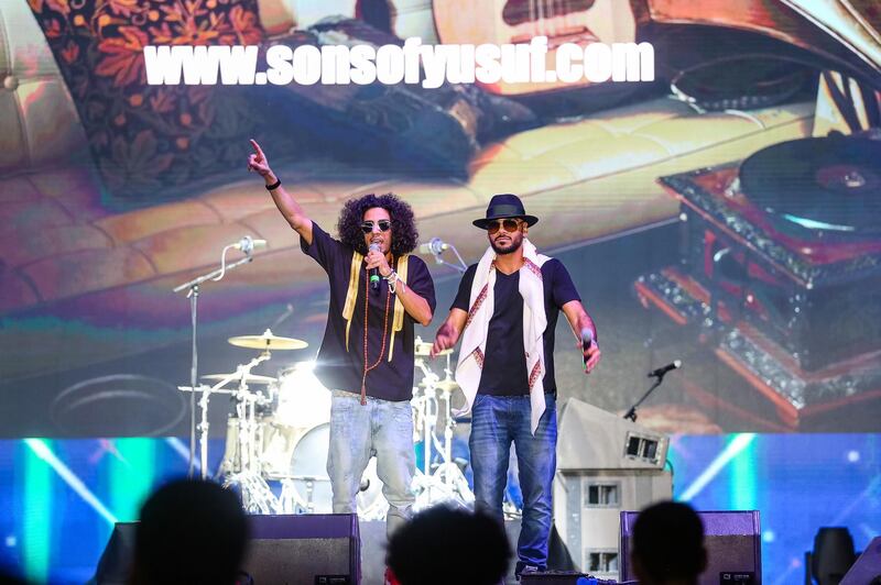 (L-R) Abdul Rahman and Ya'koob from Sons of Yusuf performing at Mother of the Nation Festival at Abu Dhabi Corniche.