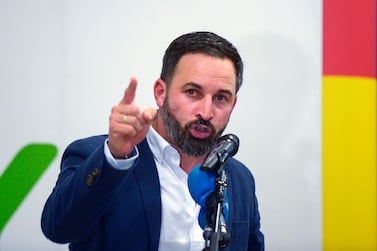 Santiago Abascal, leader of the far-right party Vox, gives a speech ahead of regional elections in Andalusia. AFP 