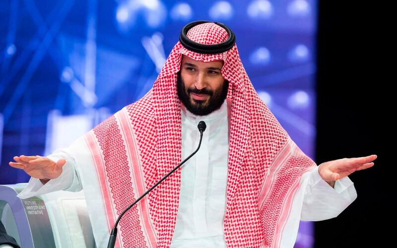 Saudi Crown Prince, Mohammed bin Salman addresses the Future Investment Initiative conference, in Riyadh, Saudi Arabia, Wednesday, Oct. 24, 2018. The Crown Prince addressed the summit on Wednesday, his first such comments since the killing earlier this month of Washington Post columnist Jamal Khashoggi at the Saudi Consulate in Istanbul. (Saudi Press Agency via AP)