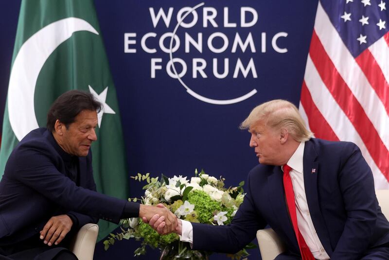U.S. President Donald Trump shakes hands with Pakistan's Prime Minister Imran Khan during a bilateral meeting at the 50th World Economic Forum (WEF) annual meeting in Davos, Switzerland, January 21, 2020. REUTERS/Jonathan Ernst