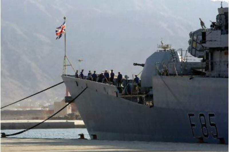 The British warship HMS Cumberland arrives at Saqr Port in Ras Al Khaimah yesterday.