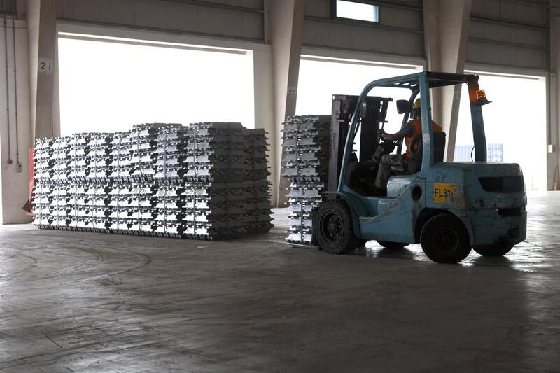 Aluminium blocks on stockpile at the Khalifa bin Salman port in Bahrain. Razan Alzayani / The National