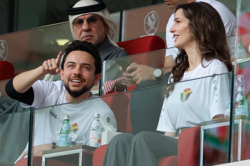 Jordan's Crown Prince Hussein and his wife Princess Rajwa at the quarter-final tie in Qatar. AFP