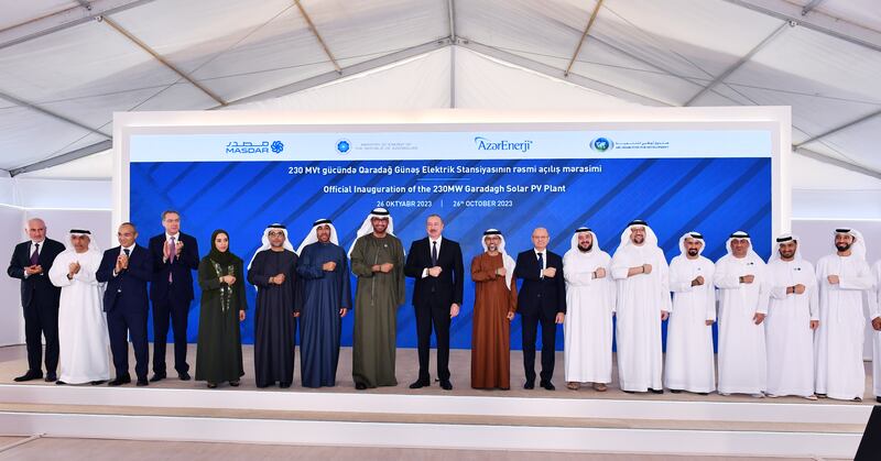 Ilham Aliyev, President of Azerbaijan, and a senior UAE delegation mark the completion of work on the 230-megawatt Garadagh Solar Park, which will open soon. Photo: Masdar