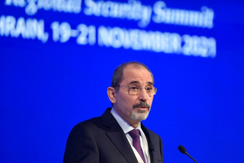 Ayman Safadi, Jordan's Deputy Prime Minister and Minister of Foreign Affairs and Expatriates, during the 17th IISS Manama Dialogue in the Bahraini capital Manama November 20, 2021.  AFP