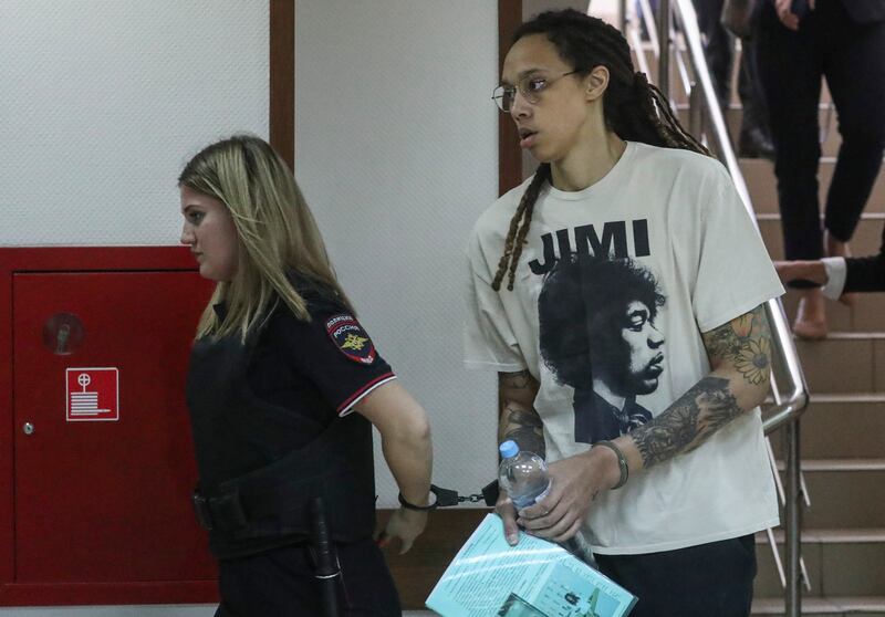 Two-time Olympic gold medallist and WNBA player Brittney Griner is escorted to a courtroom for a hearing in Khimki City Court near Moscow, Russia. EPA