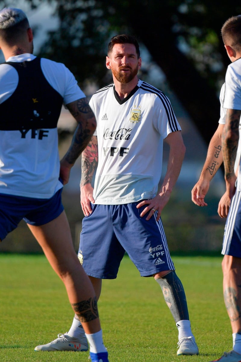Argentina's Lionel Messi trains during a practice session in Belo Horizonte. AFP