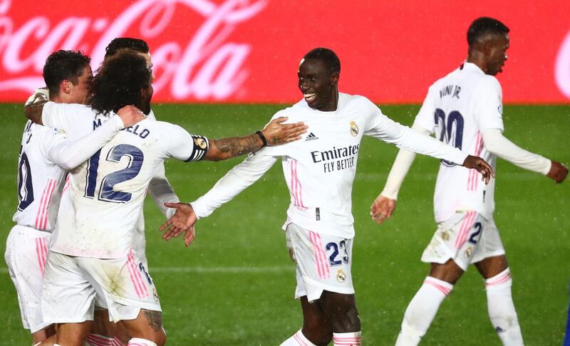 Real's Ferland Mendy celebrates with teammates after scoring. Reuters