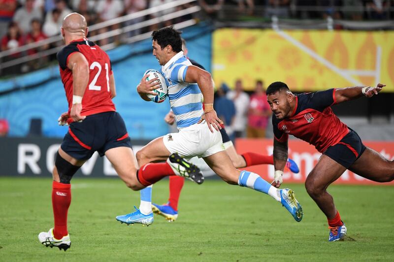 Argentina wing Matias Moroni scores a try at the Tokyo Stadium. AFP