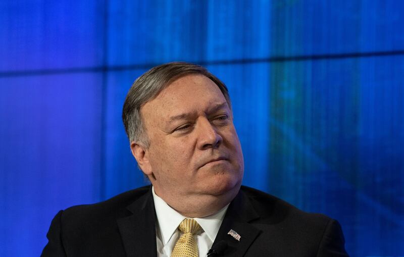 US Secretary of State Mike Pompeo looks on during a discussion on the major foreign policy priorities of the State Department in Washington, DC, on April 29, 2019. US Secretary of State Mike Pompeo on warned that Russia would seek to interfere in elections for decades ahead and vowed that Washington would try to thwart its efforts. / AFP / NICHOLAS KAMM
