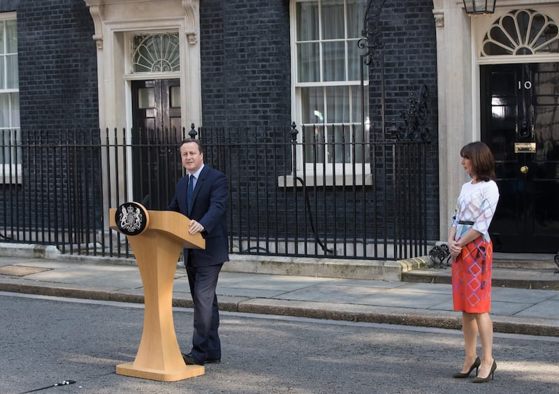David Cameron resigns outside 10 Downing Street in June 2016, behind a heavily curved lectern. Getty Images