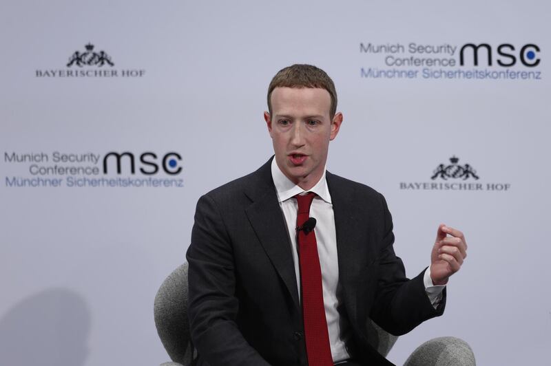 Mark Zuckerberg, chief executive officer and founder of Facebook Inc., gestures as he speaks during the Munich Security Conference at the Bayerischer Hof hotel in Munich, Germany, on Saturday, Feb. 15, 2020. The Libyan conflict is set to be one of the main themes at the annual security conference that runs Feb. 14 - 16. Photographer: Michaela Handrek-Rehle/Bloomberg