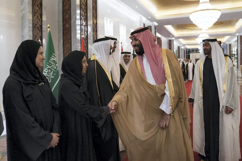 ABU DHABI, UNITED ARAB EMIRATES - November 22, 2018: HRH Prince Mohamed bin Salman bin Abdulaziz, Crown Prince, Deputy Prime Minister and Minister of Defence of Saudi Arabia (2nd R), greets HE Dr Maitha Salem Al Shamsi, UAE Minister of State (2nd L), during a reception, held at the Presidential Airport. Seen with HH Sheikh Mohamed bin Zayed Al Nahyan, Crown Prince of Abu Dhabi and Deputy Supreme Commander of the UAE Armed Forces (R).
( Mohamed Al Hammadi / Ministry of Presidential Affairs )
---