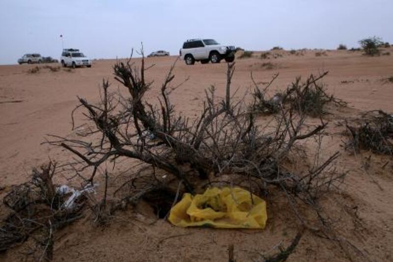 DUBAI-APRIL 9,2009 - Volunteers drive in the desert to collect rubbish left  that cause the death of the camels in the desert of  Al Awir, Dubai. ( Paulo Vecina/The National ) *** Local Caption ***  PV Clean-up 4.JPG