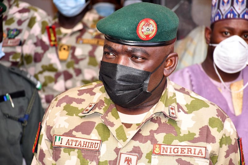(FILES) In this file photo taken on January 31, 2021 Chief of Army Staff Major General Ibrahim Attahiru is seen at the theatre command operations Lafiya Dole headquarters in Maiduguri, Nigeria. Nigeria's top-ranking army commander General Ibrahim Attahiru was killed on on May 21, 2021 when his plane crashed in the country's north, an air force spokesman said. Attahiru was appointed by President Muhammadu Buhari in January in a shakeup of the top military command to better fight surging violence and a more than decade-long jihadist insurgency. / AFP / Audu Marte
