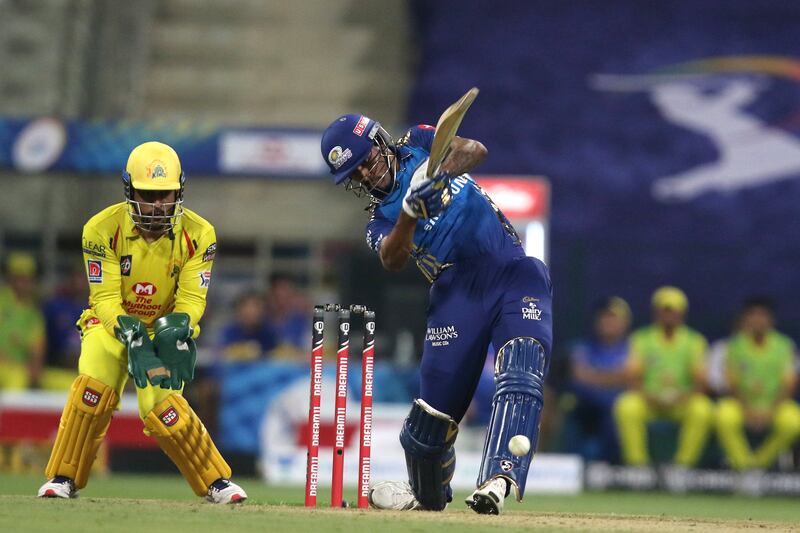 Hardik Pandya of The Mumbai Indians plays a shot during match 1 of season 13 of the Dream 11 Indian Premier League (IPL) between the Mumbai Indians and the Chennai Superkings held at the Sheikh Zayed Stadium, Abu Dhabi  in the United Arab Emirates on the 19th September 2020.  Photo by: Pankaj Nangia /  Sportzpics for BCCI
