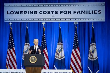 U. S.  President Joe Biden speaks at Germanna Community College in Culpeper, Virginia, U. S. , on Thursday, Feb.  10, 2022.  Biden touted his efforts to roll back prescription drug costs in a statement on inflation released today and is highlighting his administration's work to lower health care costs for American families. Photographer: Sarahs Silbiger / Bloomberg