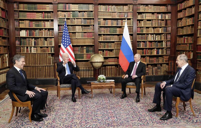 US Secretary of State Antony Blinken, US President Joe Biden, Russian President Vladimir Putin and Russian Foreign Minister Sergei Lavrov pose for the press before the US-Russia summit. AFP