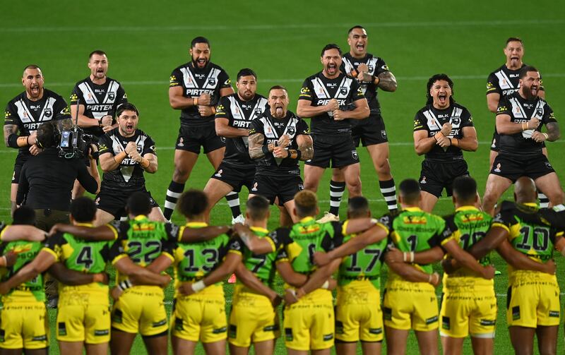 New Zealand players perform the Haka prior to the Rugby League World Cup 2021 Pool C match against Jamaica at MKM Stadium in Hull, England. Getty