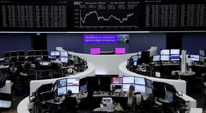 The German share price index, DAX board, is seen at the stock exchange in Frankfurt, Germany, February 16, 2018.    REUTERS/Staff/Remote