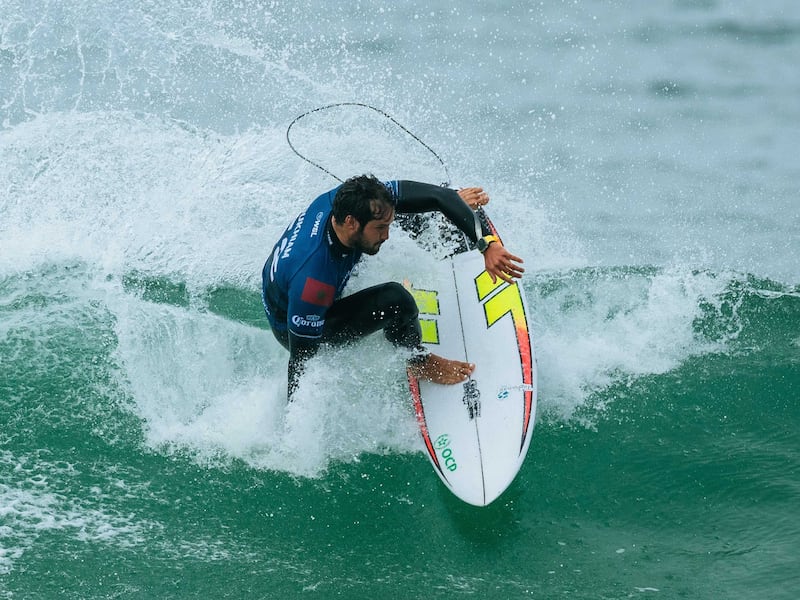 Ramzi Boukhiam during the quarter-finals of the MEO Rip Curl Pro Portugal at Peniche, Leiria, on March 16, 2024. World Surf League
