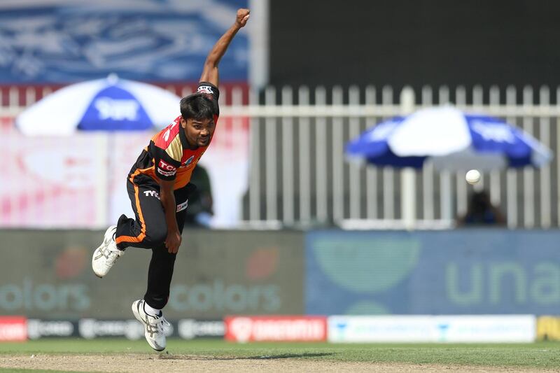 Sandeep Sharma of Sunrisers Hyderabad bowls during match 17 of season 13 of the Dream 11 Indian Premier League (IPL) between the Mumbai Indians and the Sunrisers Hyderabad held at the Sharjah Cricket Stadium, Sharjah in the United Arab Emirates on the 4th October 2020.
Photo by: Deepak Malik  / Sportzpics for BCCI