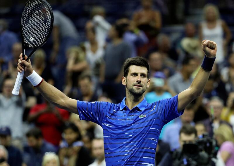 epa07805883 Novak Djokovic of Serbia celebrates defeating Denis Kudla of the USA during the fifth day of the US Open Tennis Championships at the USTA National Tennis Center in Flushing Meadows, New York, USA, 30 August 2019. The US Open runs from 26 August through to 08 September 2019.  EPA/JASON SZENES