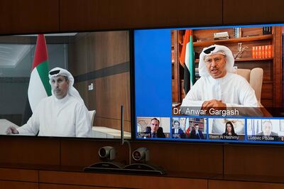 Khaldoon Al Mubarak attends 12th UFSD virtual meeting. Courtesy Executive Affairs Authority