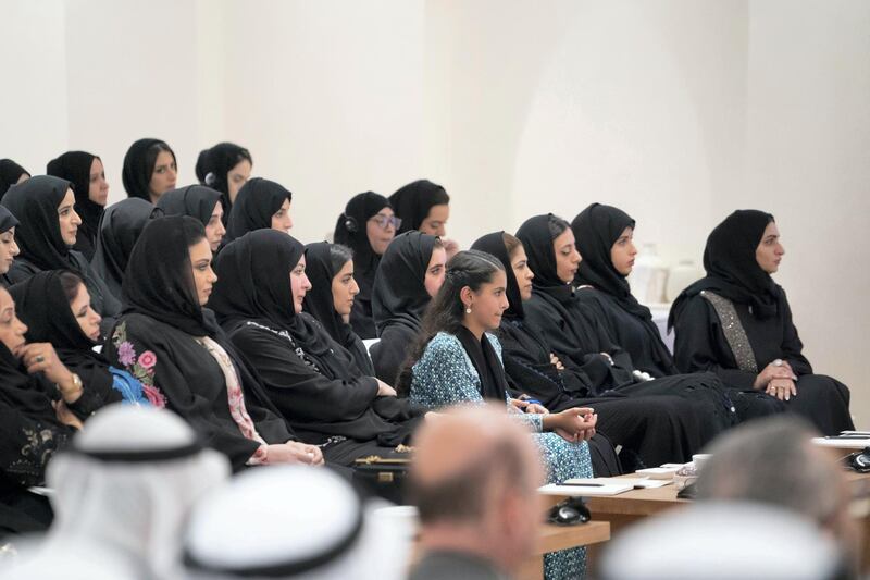 ABU DHABI, UNITED ARAB EMIRATES - May 20, 2019: HH Sheikha Salama bint Mohamed bin Hamad bin Tahnoon Al Nahyan (front row 6th R) and HH Sheikha Hassa bint Mohamed bin Hamad bin Tahnoon Al Nahyan (front row 7th R), attend a lecture by James Mattis, Former US Secretary of Defense (not shown), titled: 'The Value of the UAE - US Strategic Relationship', at Majlis Mohamed bin Zayed.

( Mohamed Al Hammadi / Ministry of Presidential Affairs )
---