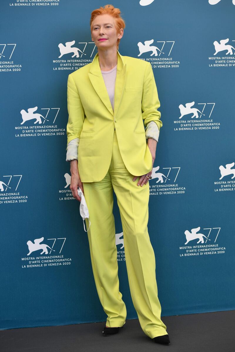 Tilda Swinton, in Haider Ackermann, attends a photocall for 'The Human Voice' at the 77th Venice Film Festival, on September 3, 2020. AFP