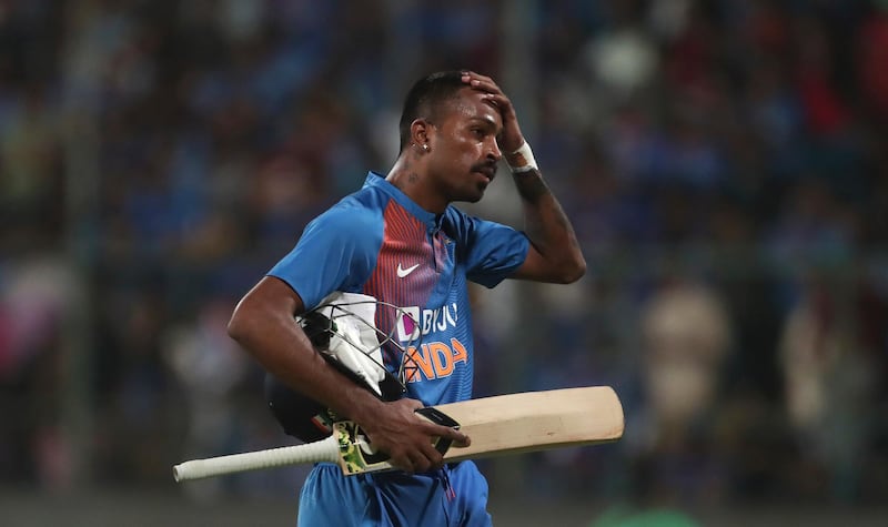 India's Hardik Pandya reacts as he leaves the field after being dismissed by South Africa's Kagiso Rabada during the third and last T20 cricket match between India and South Africa in Bangalore, India, Sunday, Sept. 22, 2019. (AP Photo/Aijaz Rahi)