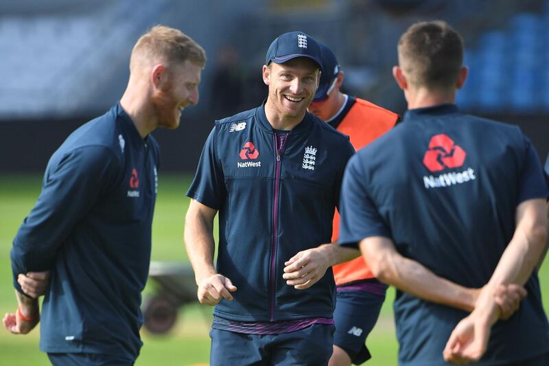 England's Ben Stokes and Jos Buttler during a warm-up. AFP