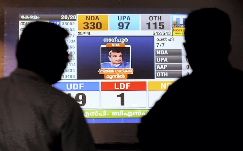Sharjah, May, 23, 2019: Congress supporters watch the results on the big screen at the Indian association in Sharjah.  Satish Kumar/ For the National