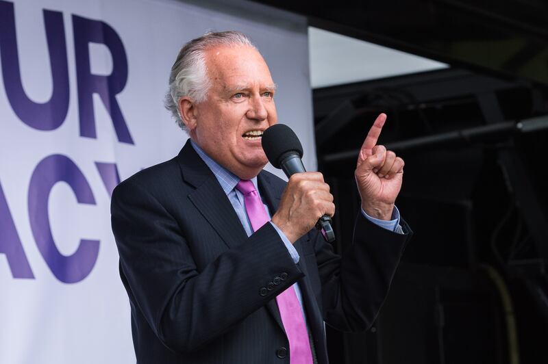 Lord Peter Hain speaks to demonstrators protesting against Boris Johnson's Brexit strategy in Parliament Square in 2019. Getty