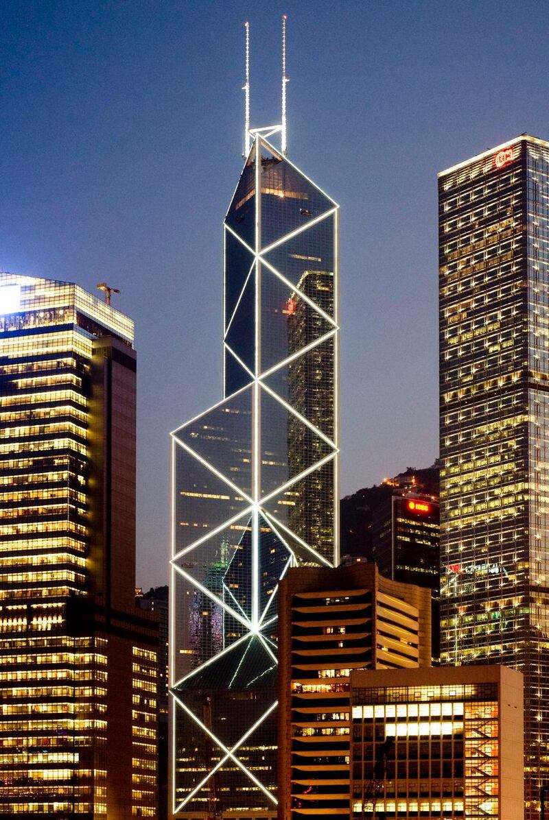 The Bank of China Tower in Hong Kong. Standing at 367m tall it was completed as long ago as 1990.