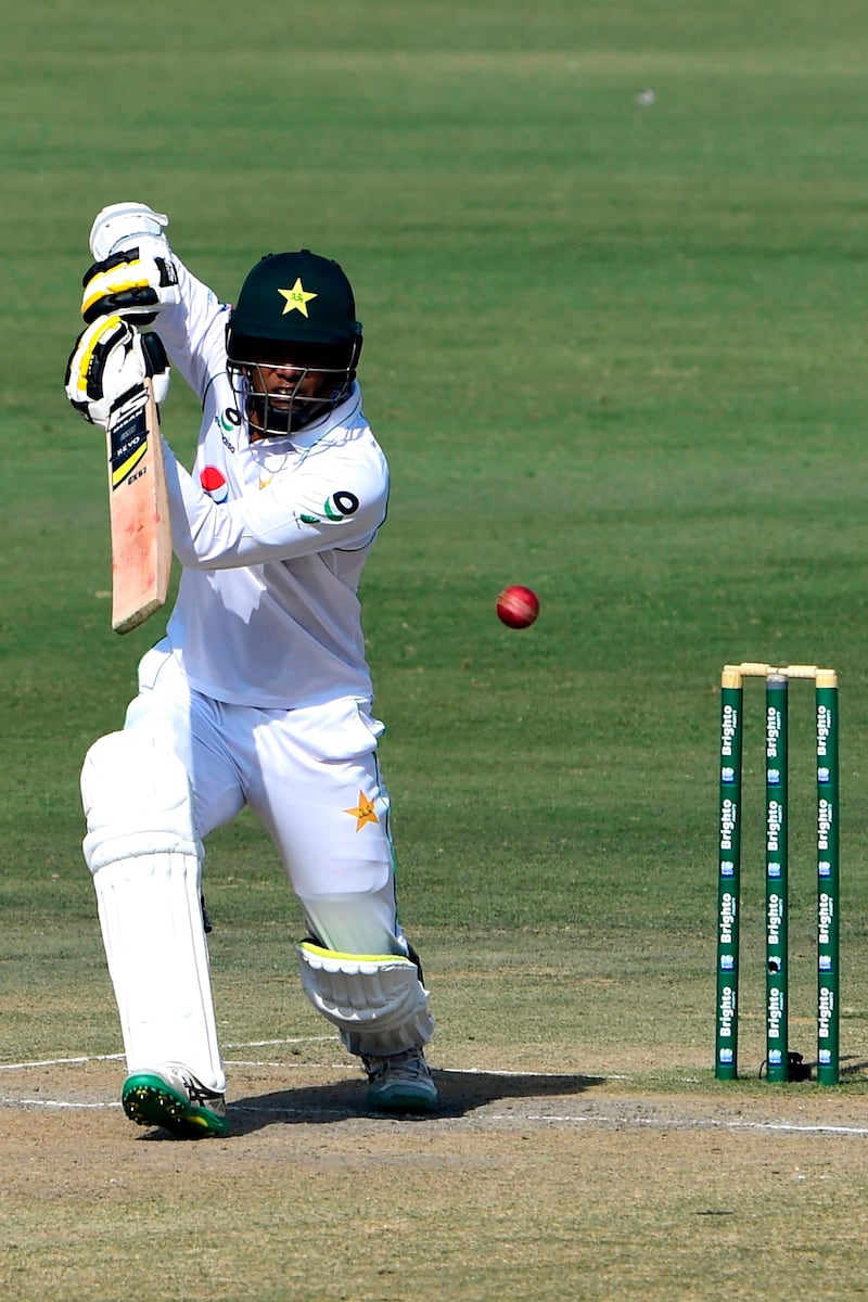 Nauman Ali plays a shot on his way to 24 as Pakistan finished their first innings all out for 378.