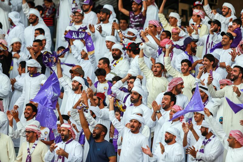 Abu Dhabi, UAE.  May 3, 2018.   President's Cup Final, Al Ain FC VS. Al Wasl.  Al Ain FC fans celebrate after the first goal in the first few minutes of the match.
Victor Besa / The National
Sports
Reporter: John McAuley